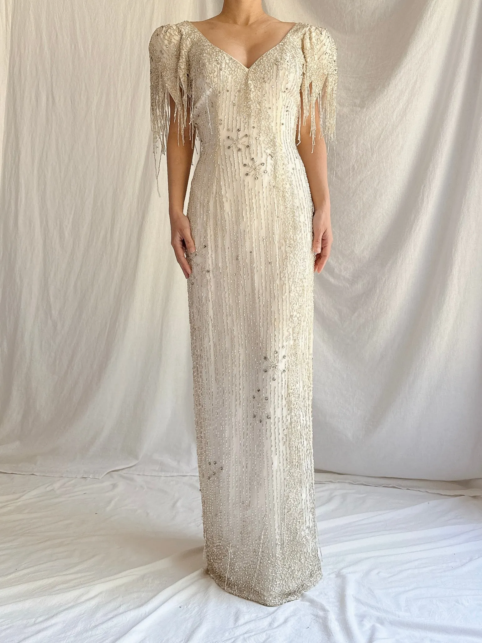 1980s Silk Chiffon Beaded Tassel Gown - S