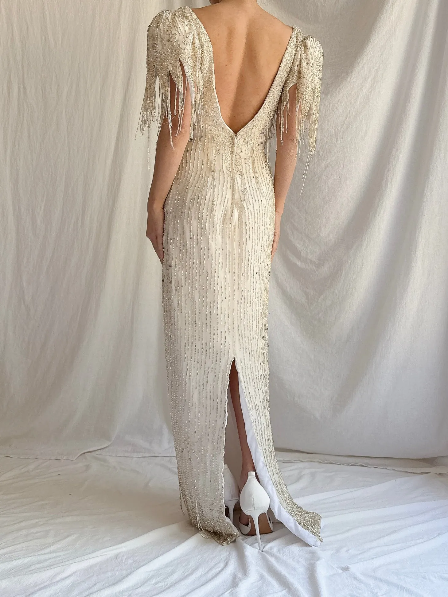 1980s Silk Chiffon Beaded Tassel Gown - S