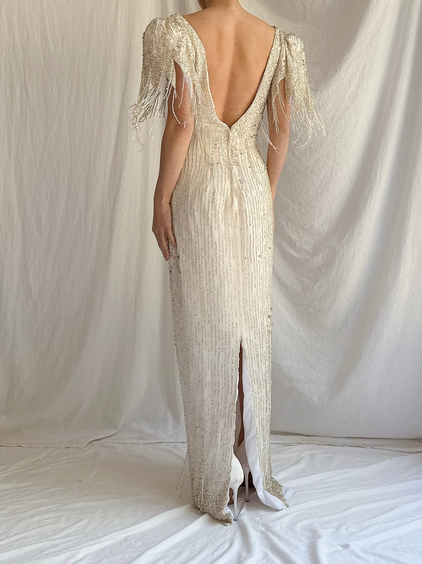 1980s Silk Chiffon Beaded Tassel Gown - S