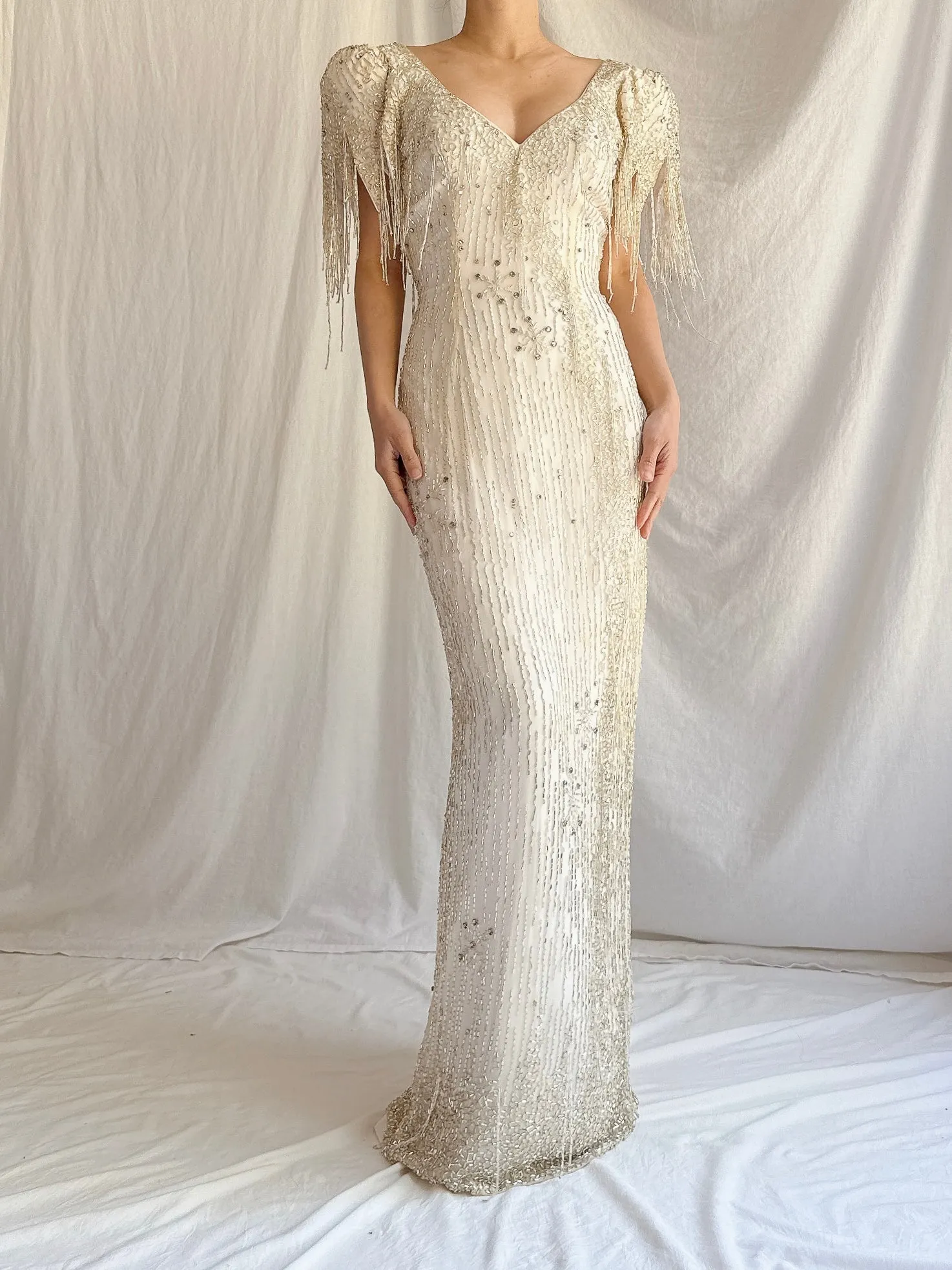 1980s Silk Chiffon Beaded Tassel Gown - S