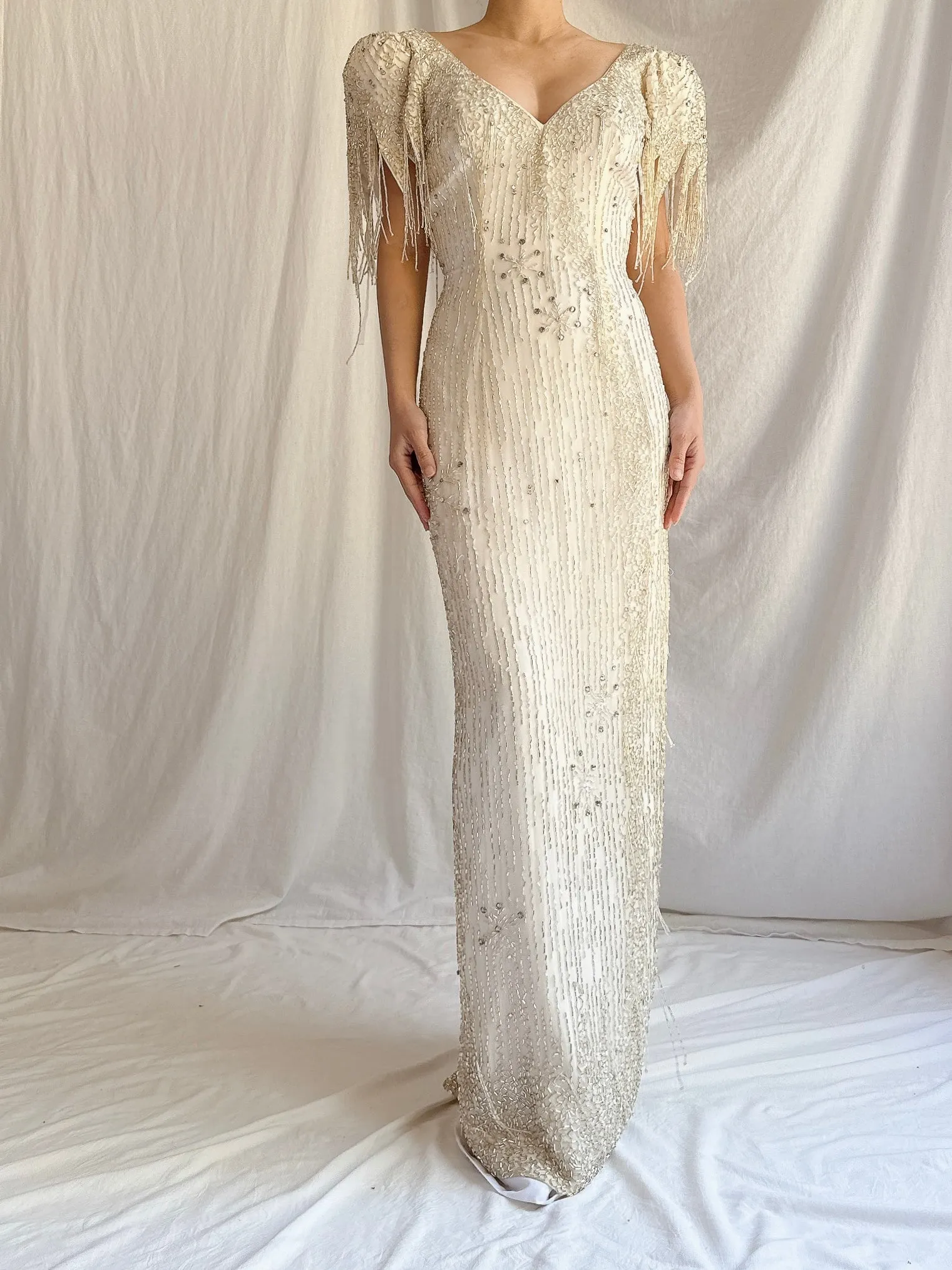 1980s Silk Chiffon Beaded Tassel Gown - S