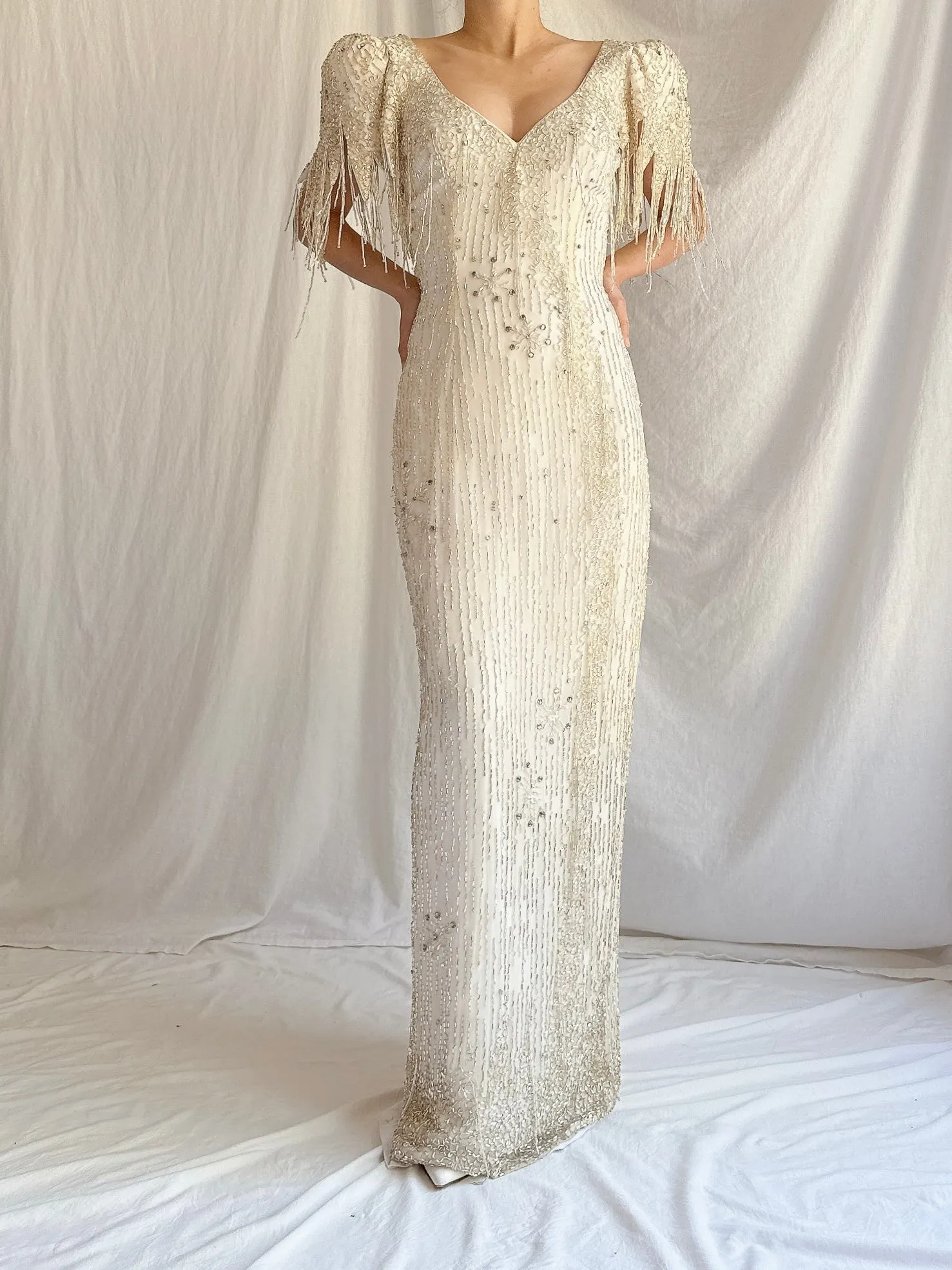 1980s Silk Chiffon Beaded Tassel Gown - S
