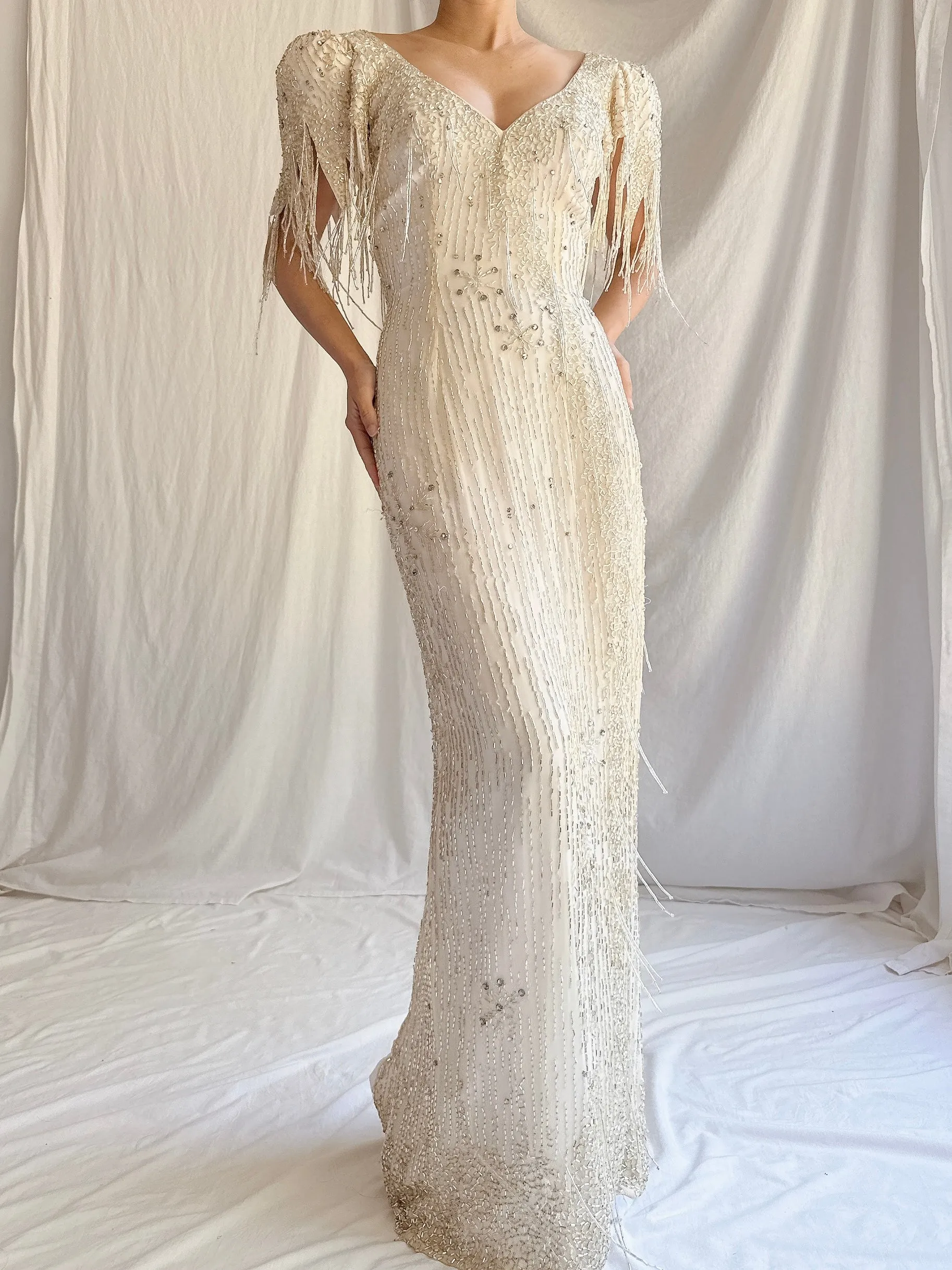 1980s Silk Chiffon Beaded Tassel Gown - S