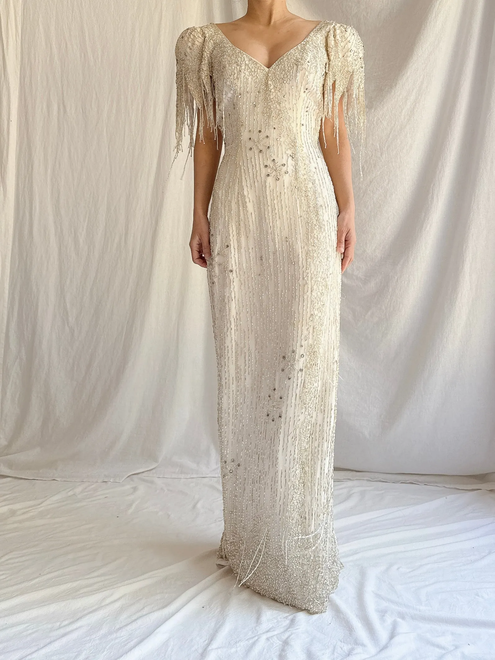 1980s Silk Chiffon Beaded Tassel Gown - S