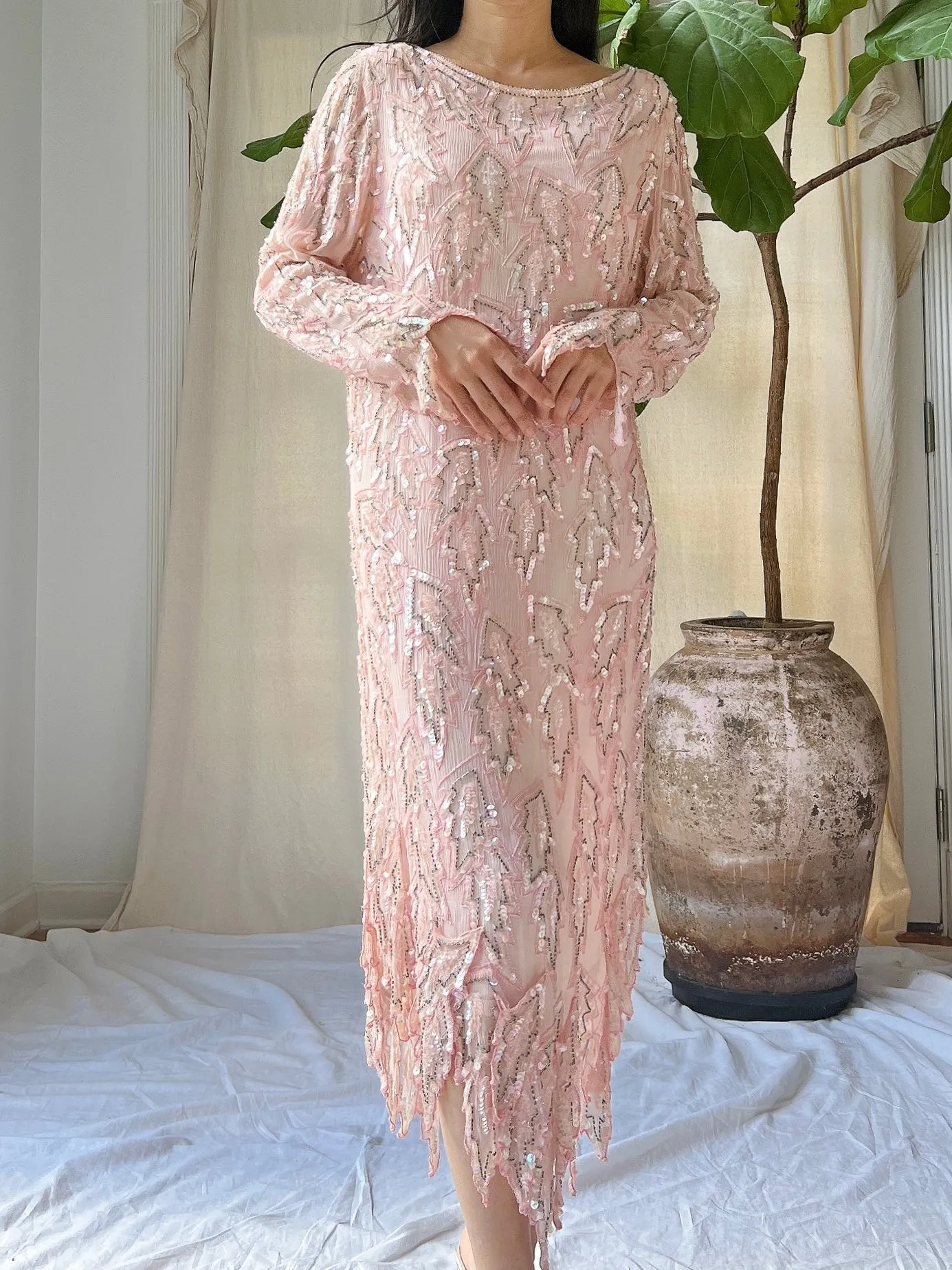 1980s Silk Pink Leaf Dress - M