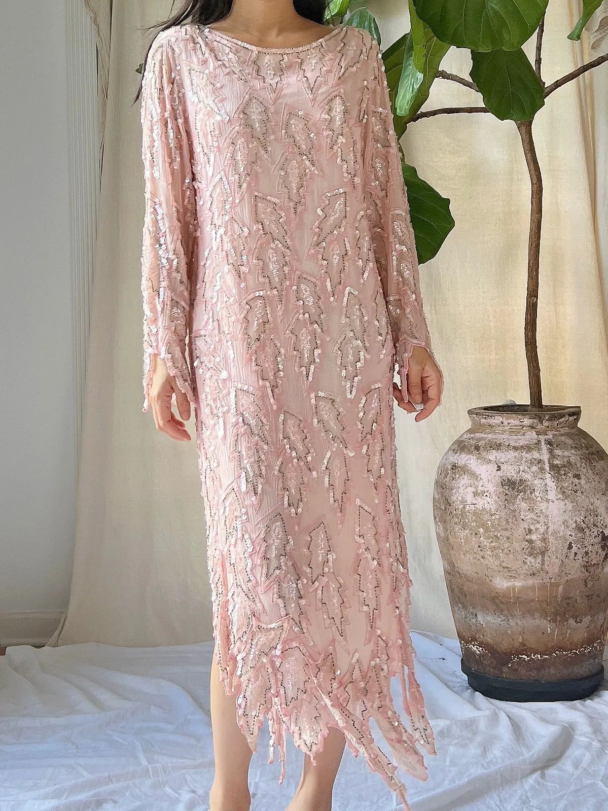 1980s Silk Pink Leaf Dress - M