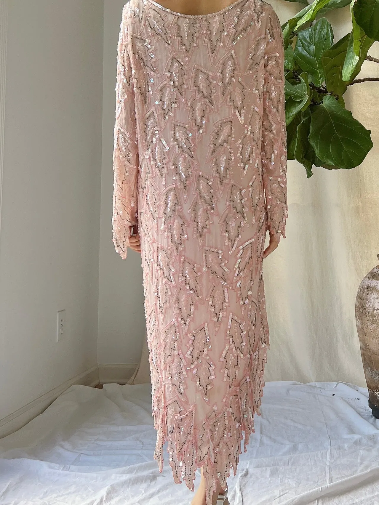 1980s Silk Pink Leaf Dress - M