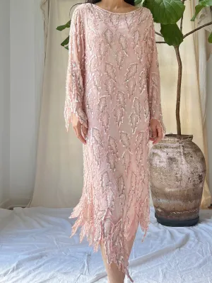 1980s Silk Pink Leaf Dress - M
