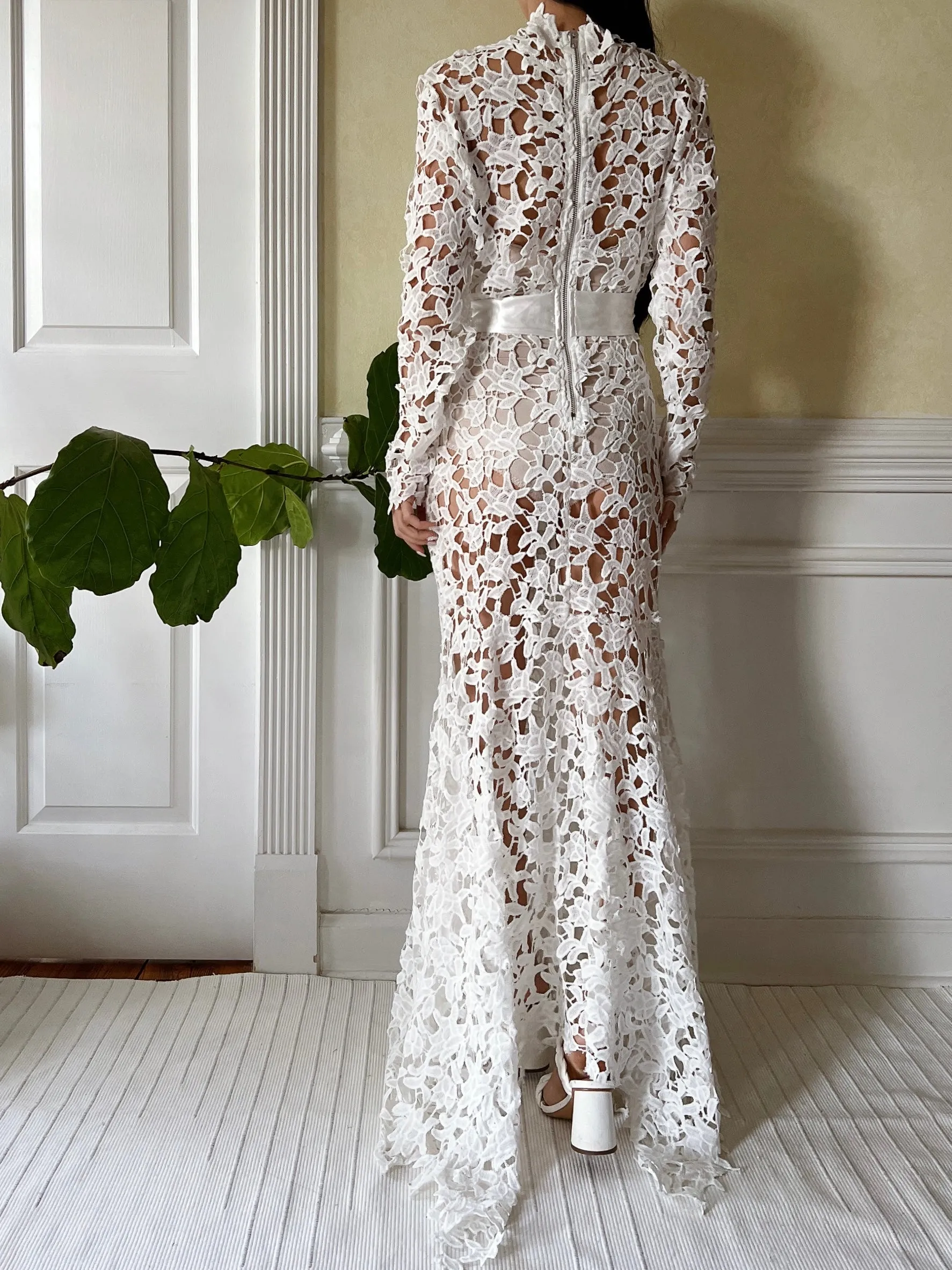 1990s High Neck Cutout Lace Dress - S-M