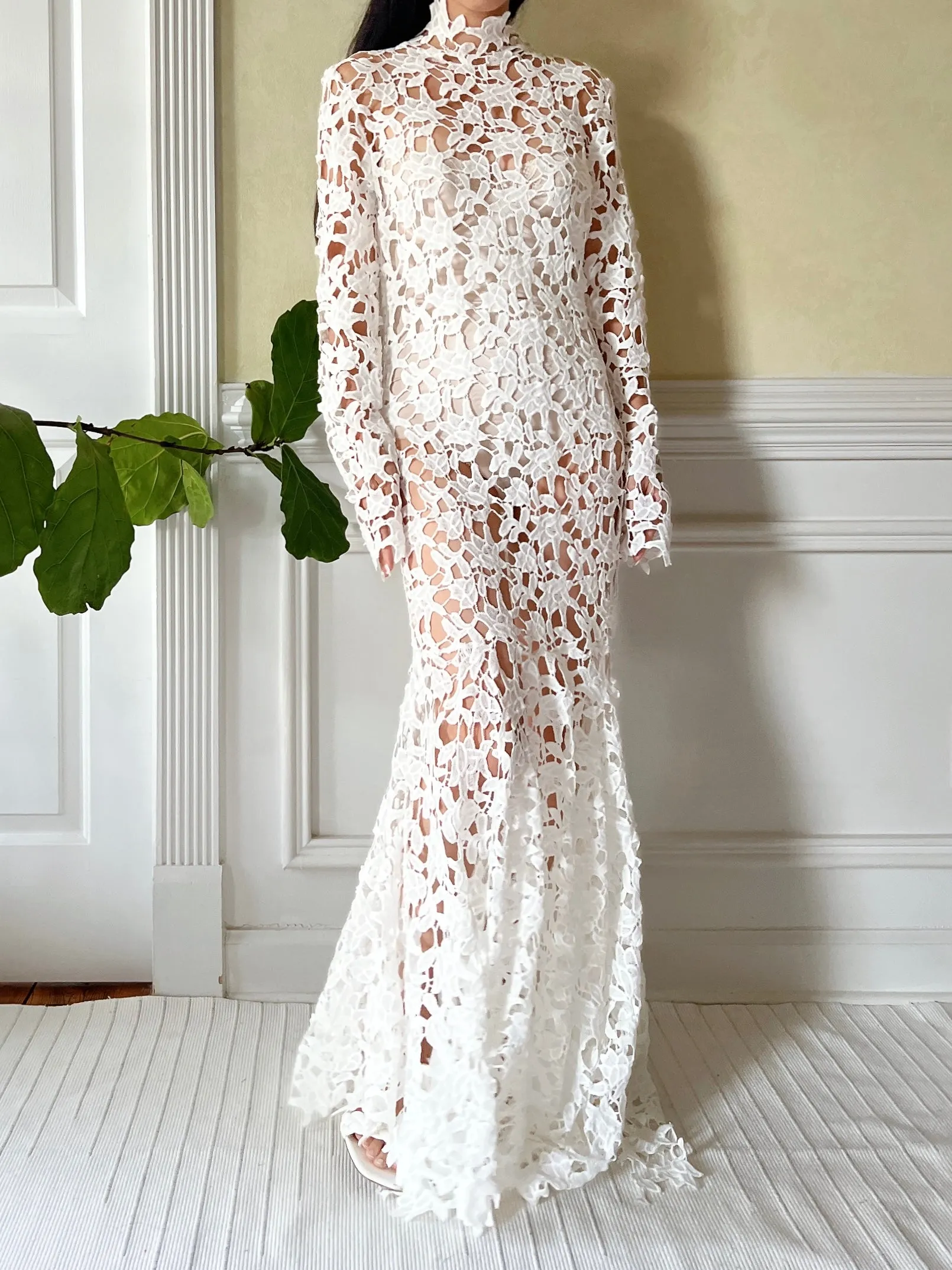 1990s High Neck Cutout Lace Dress - S-M
