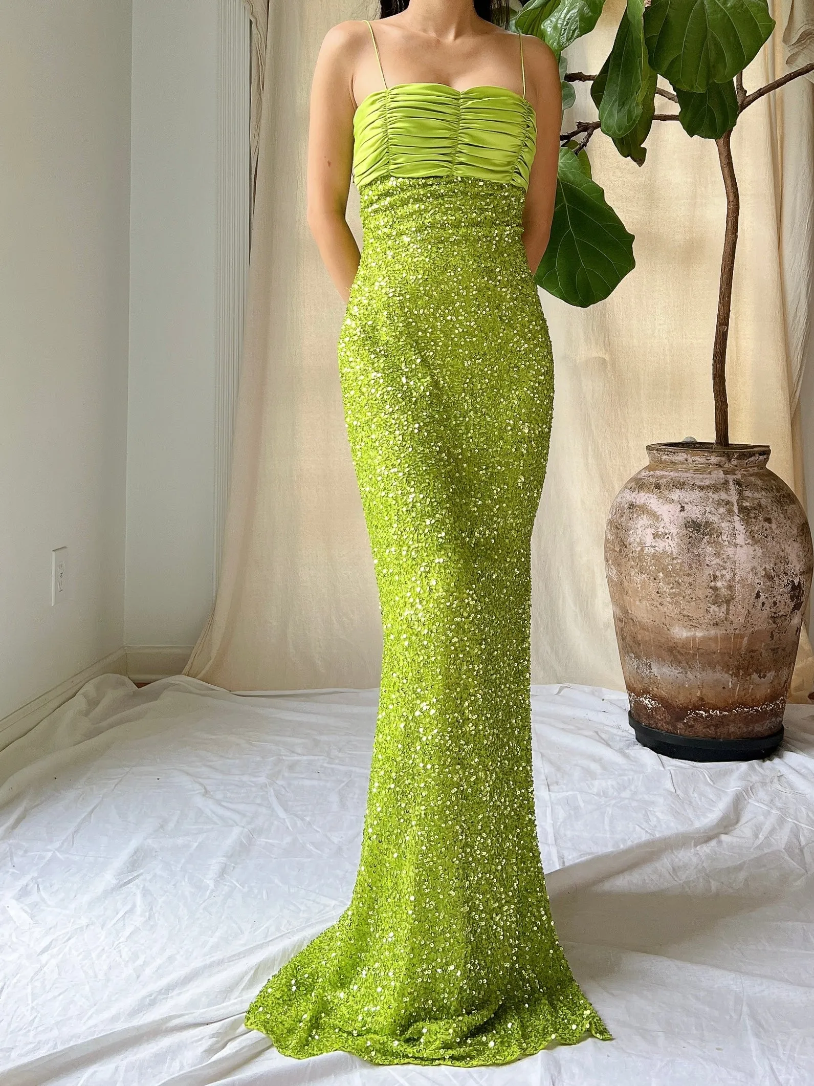 1990s Lime Green Sequins Gown - XS