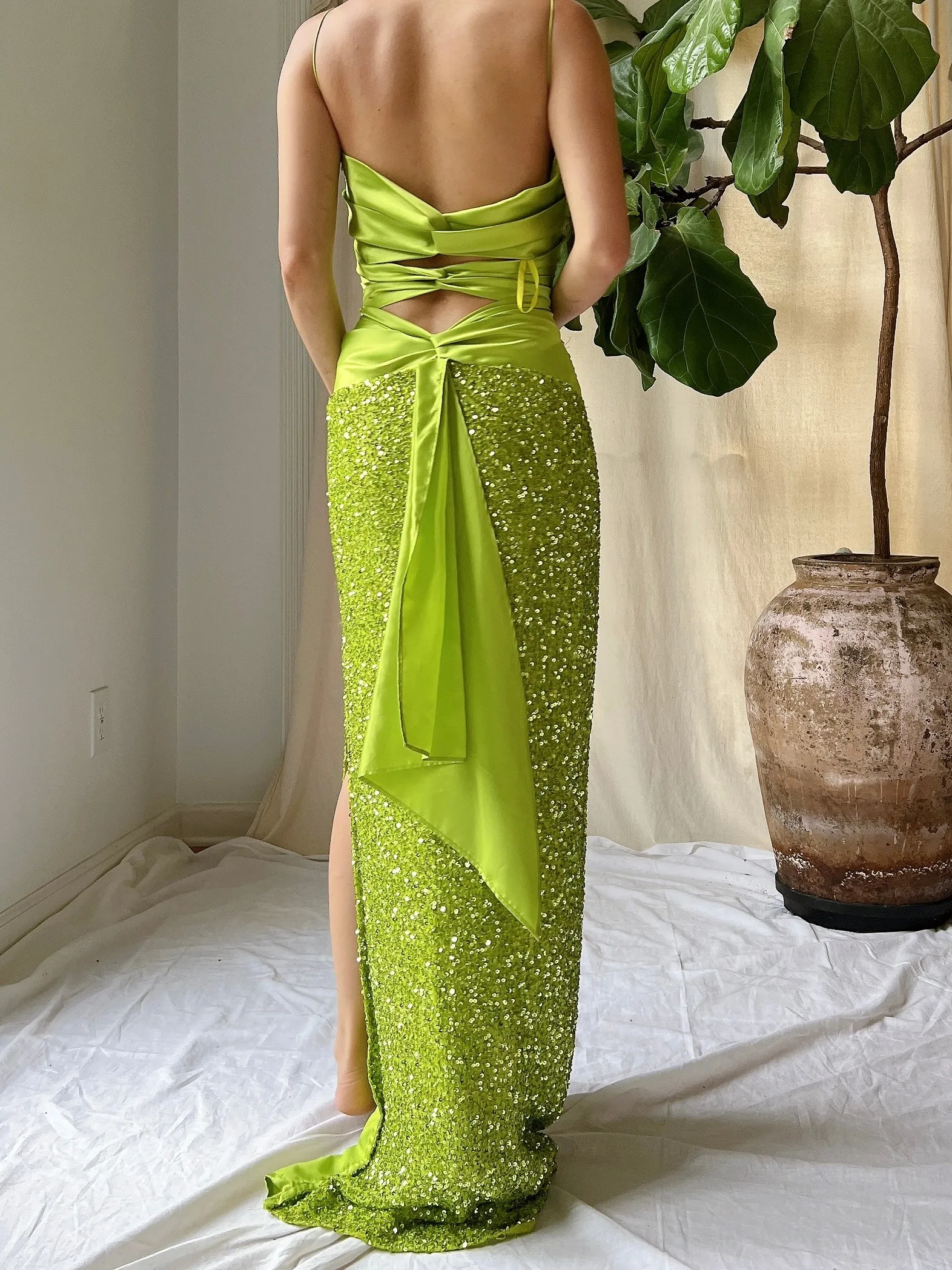 1990s Lime Green Sequins Gown - XS
