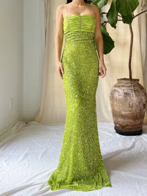 1990s Lime Green Sequins Gown - XS