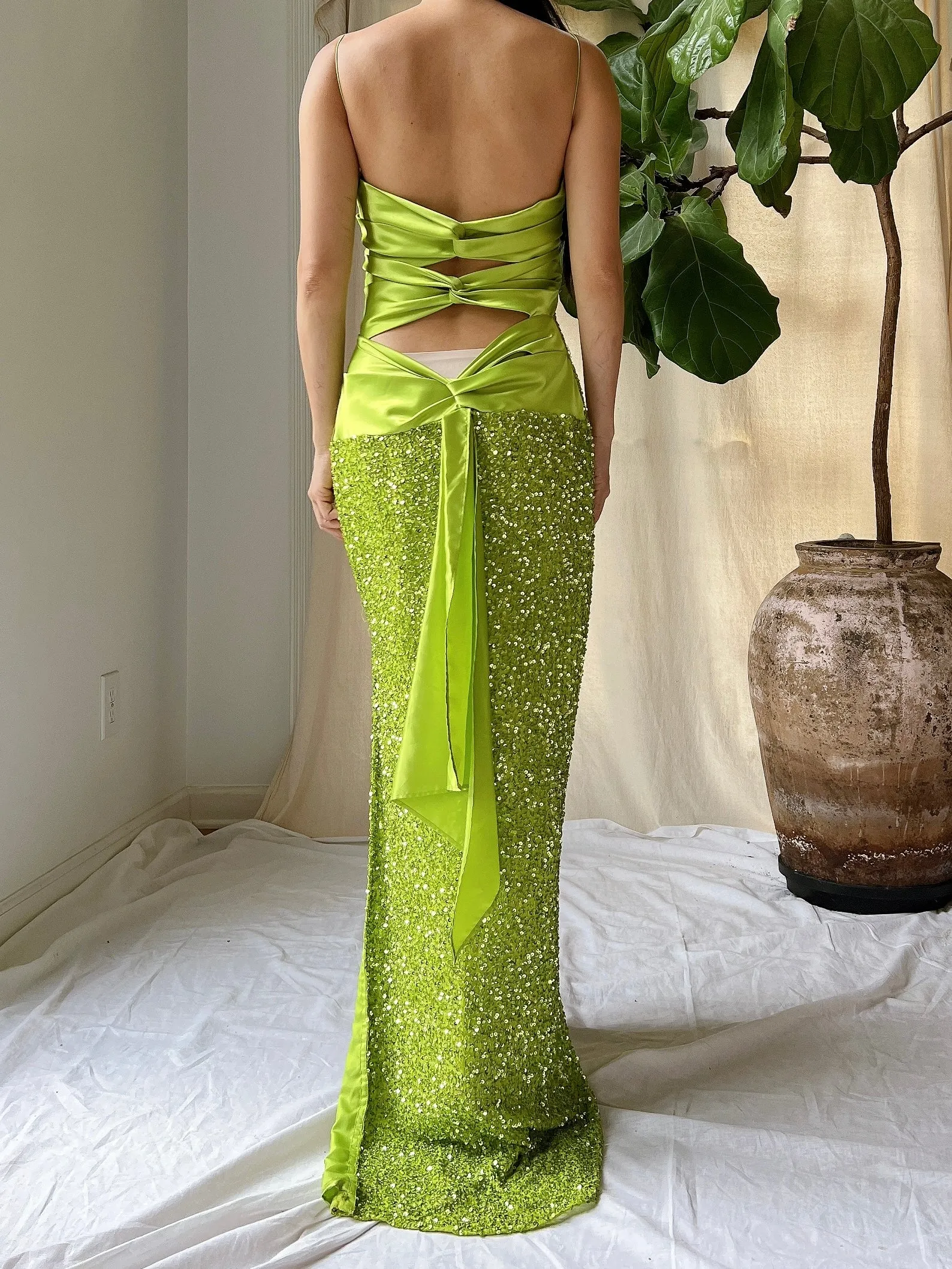 1990s Lime Green Sequins Gown - XS