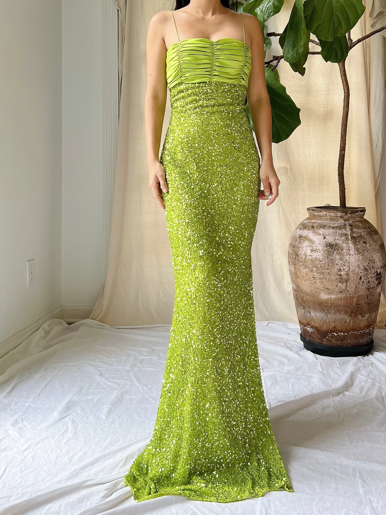 1990s Lime Green Sequins Gown - XS