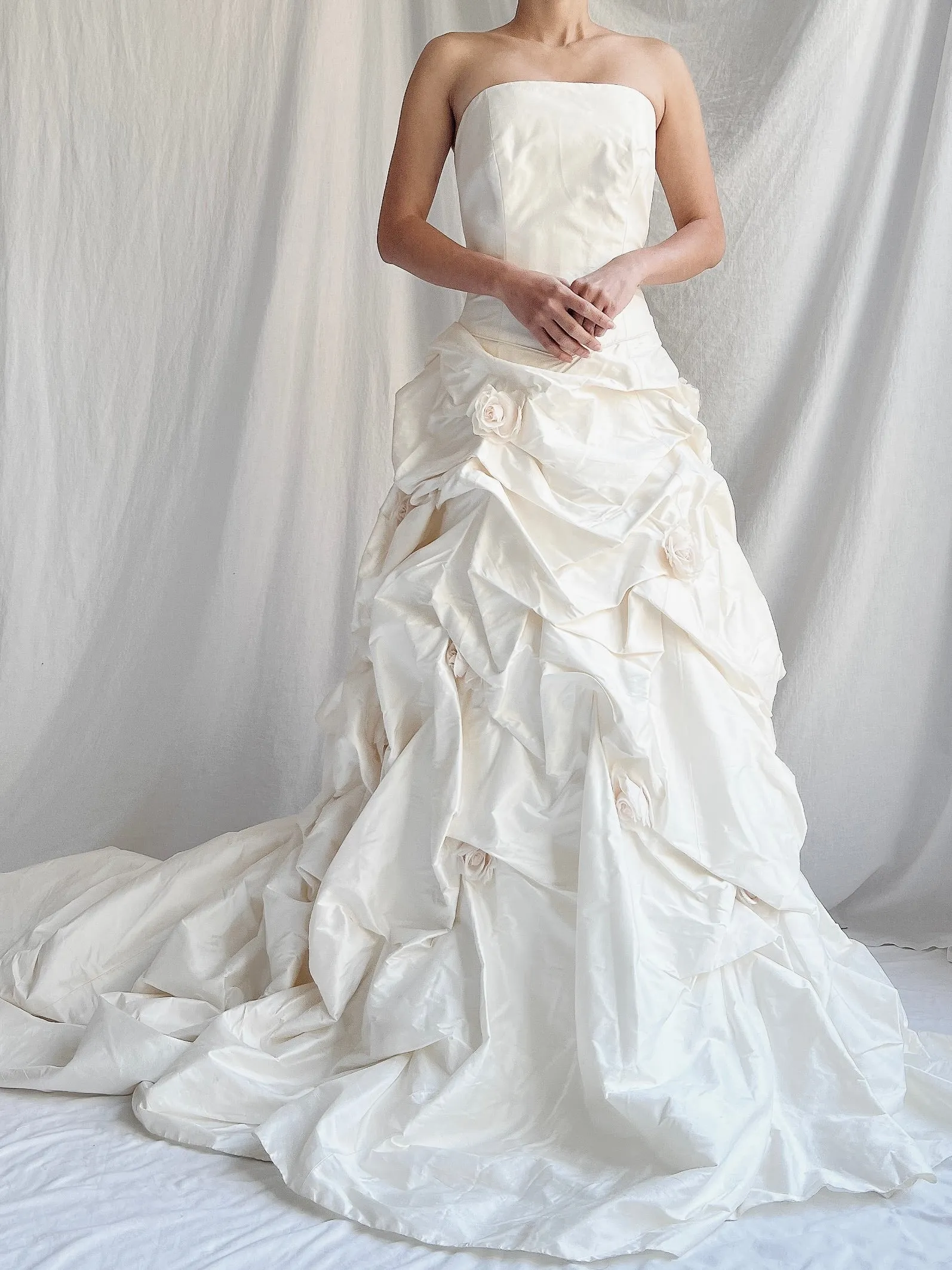 1990s Silk Dropped Waist Draped Rosette Gown - S/6