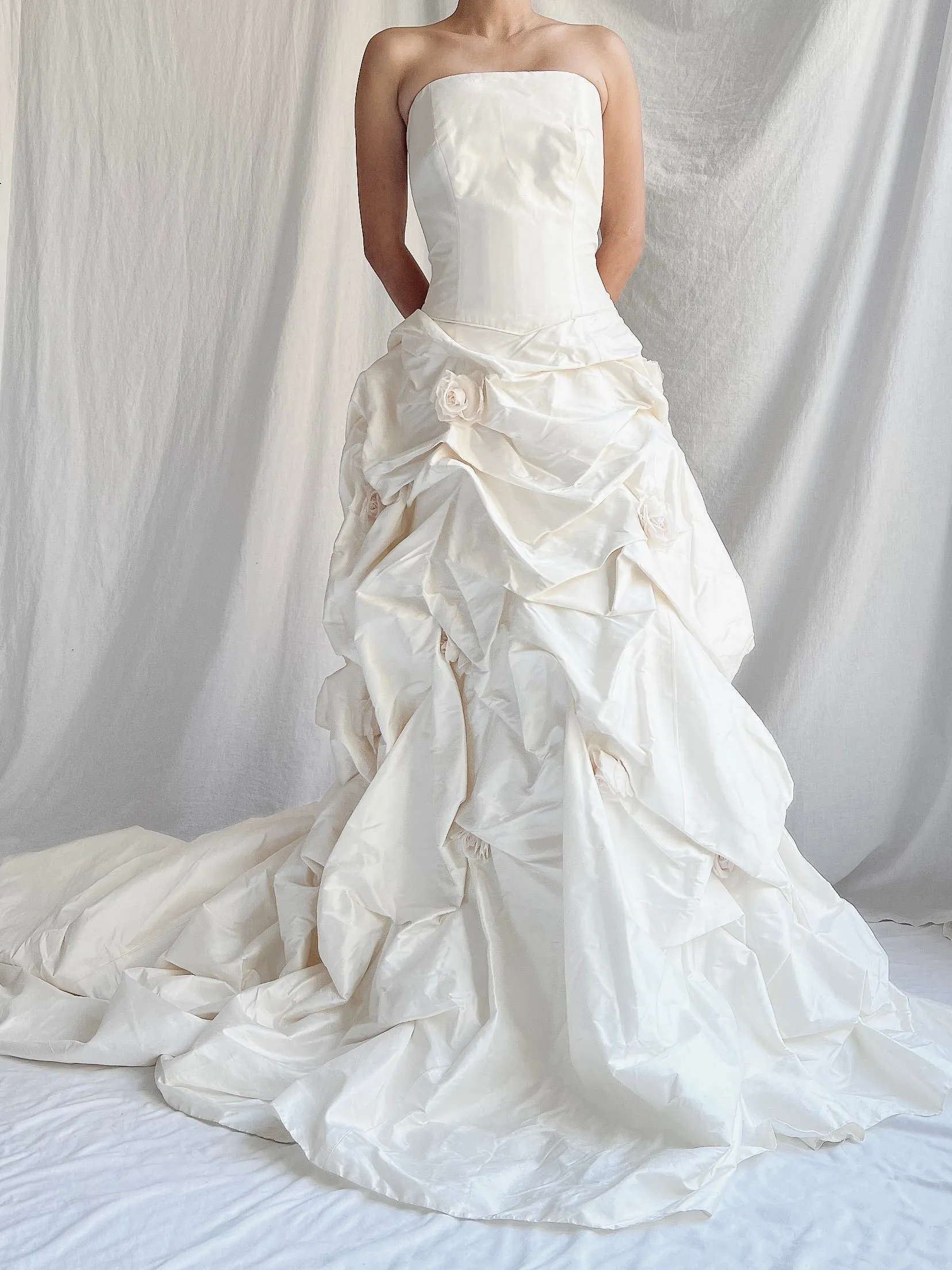 1990s Silk Dropped Waist Draped Rosette Gown - S/6