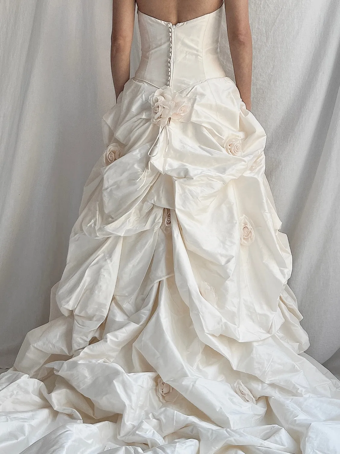 1990s Silk Dropped Waist Draped Rosette Gown - S/6