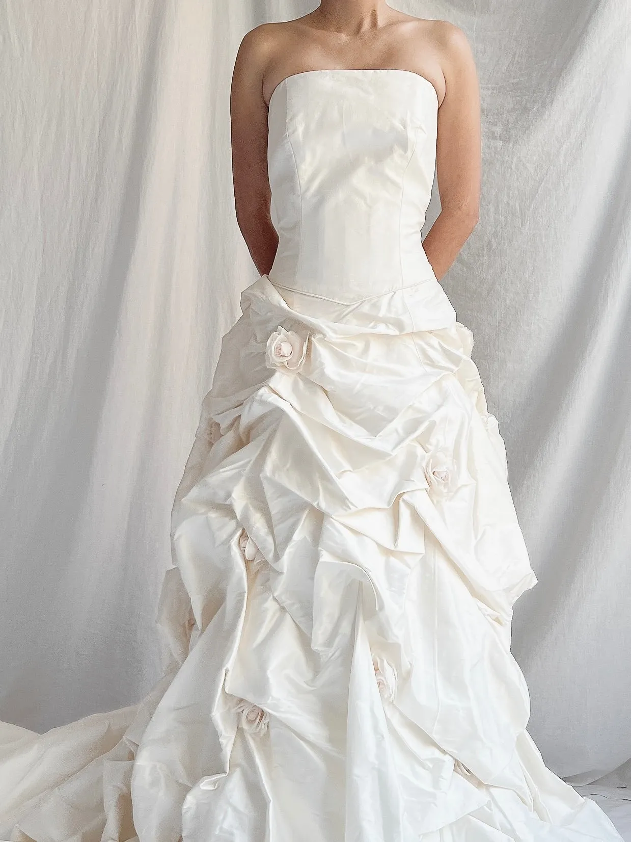 1990s Silk Dropped Waist Draped Rosette Gown - S/6