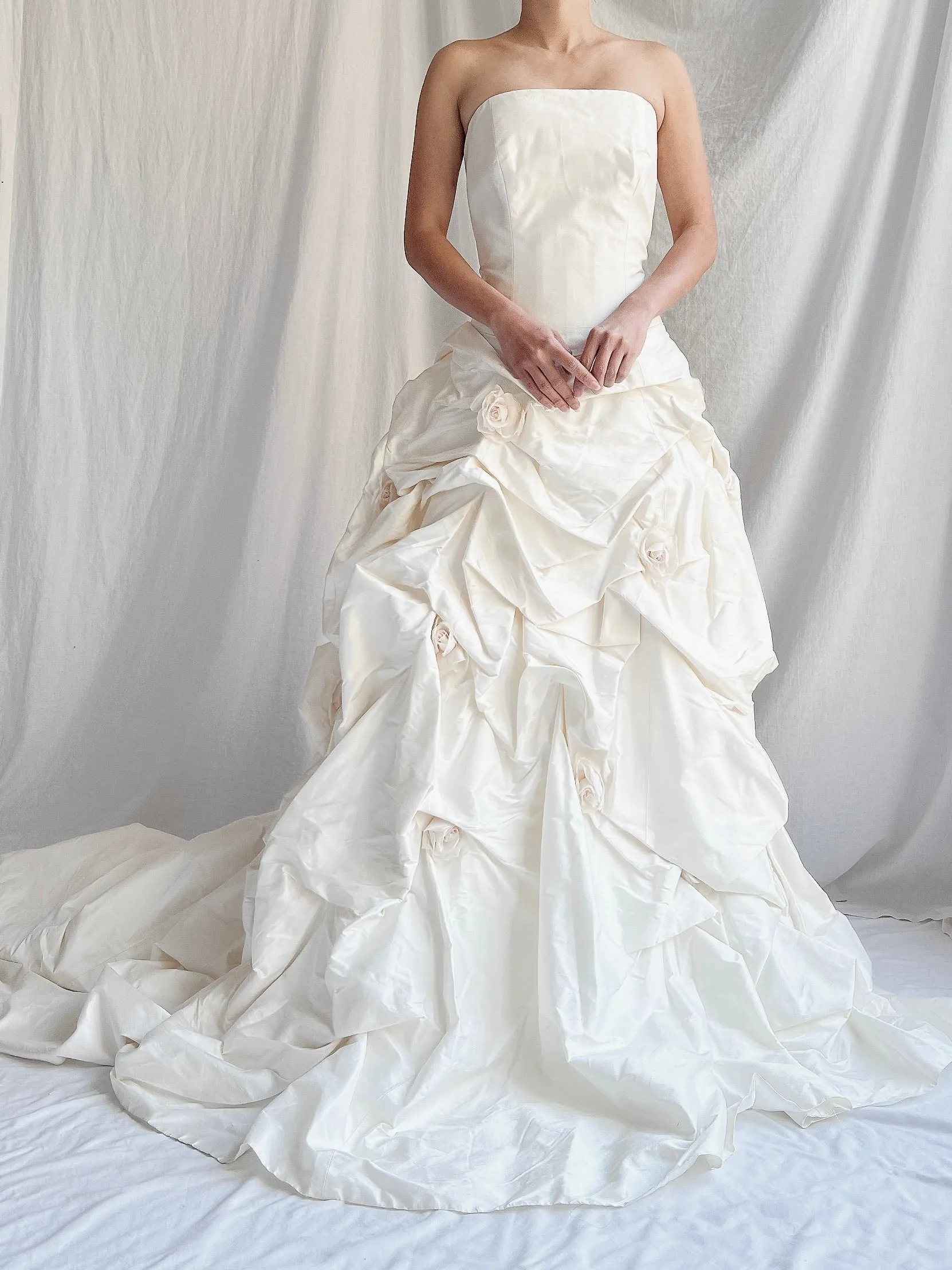 1990s Silk Dropped Waist Draped Rosette Gown - S/6