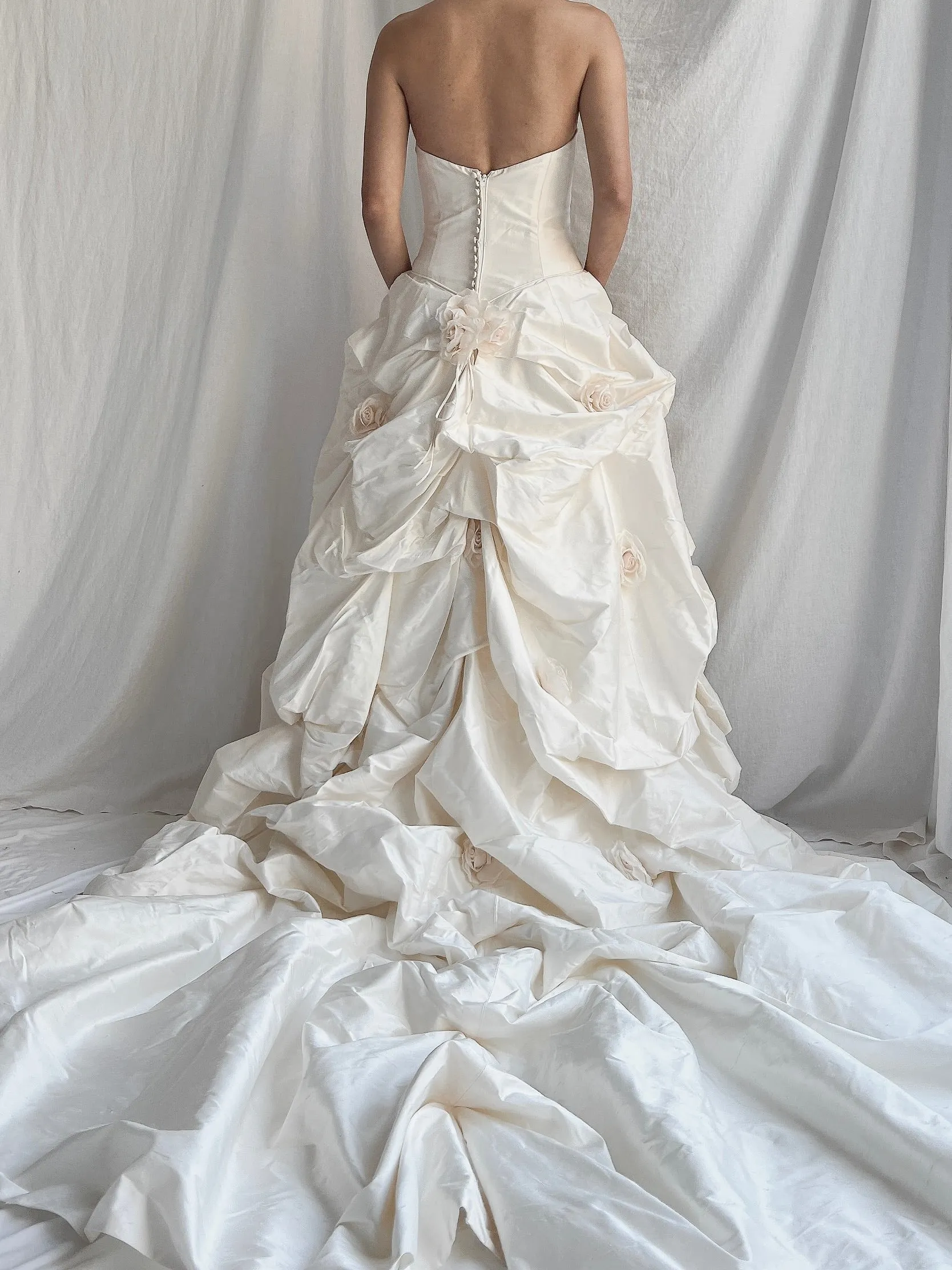 1990s Silk Dropped Waist Draped Rosette Gown - S/6