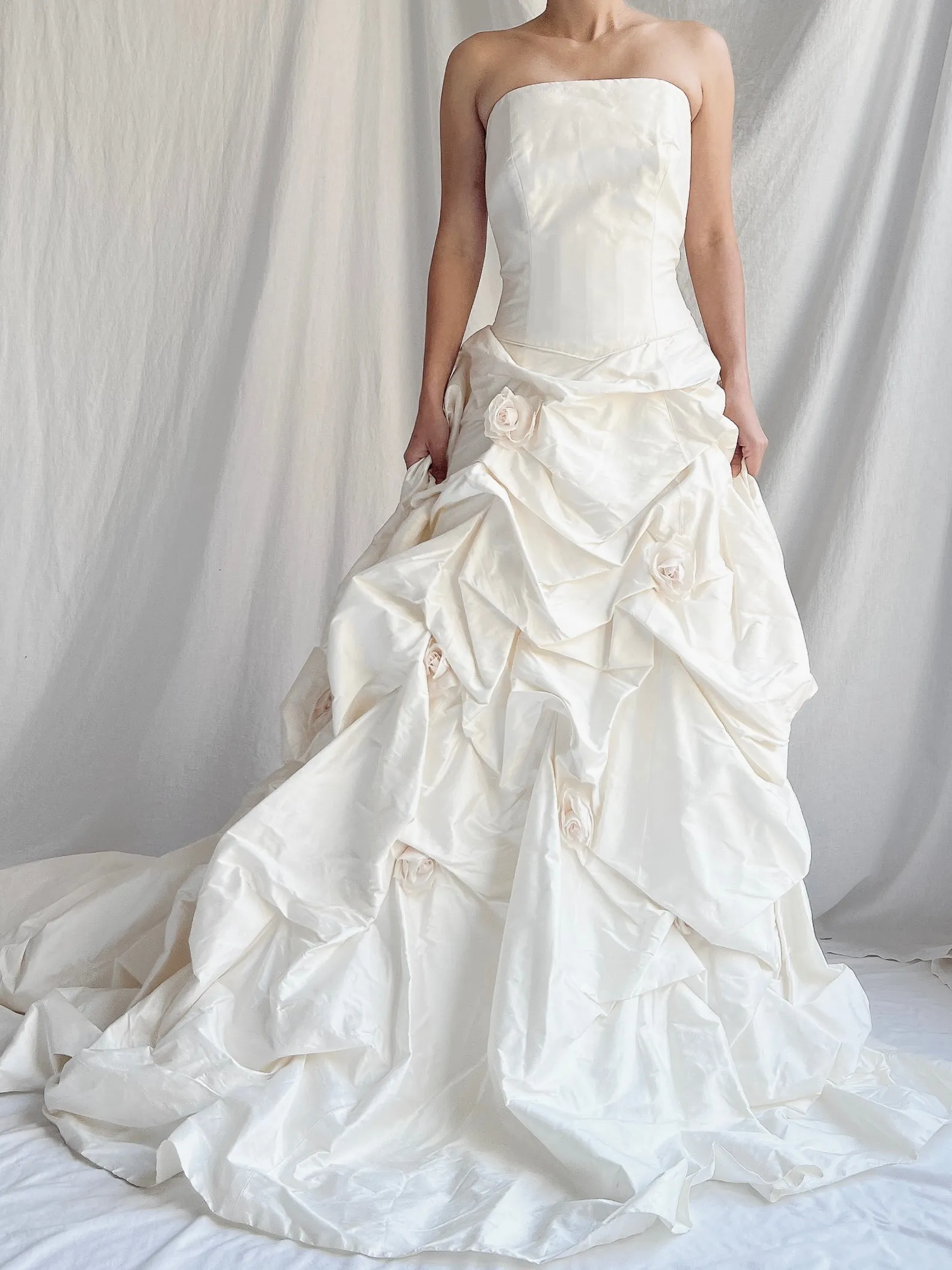 1990s Silk Dropped Waist Draped Rosette Gown - S/6