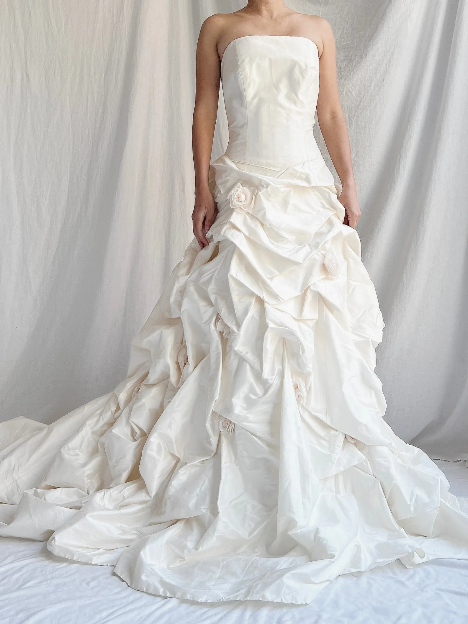 1990s Silk Dropped Waist Draped Rosette Gown - S/6