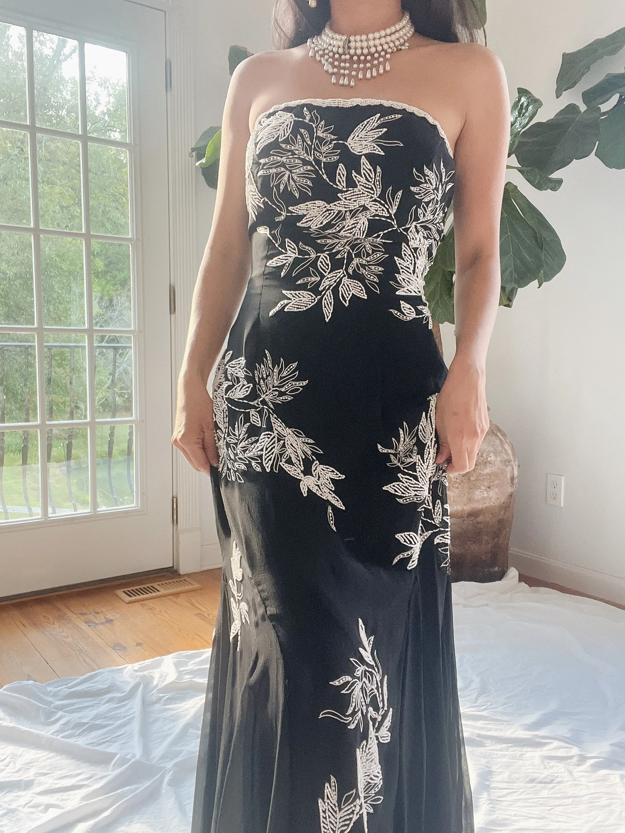 1990s Silk Strapless Beaded Gown - S