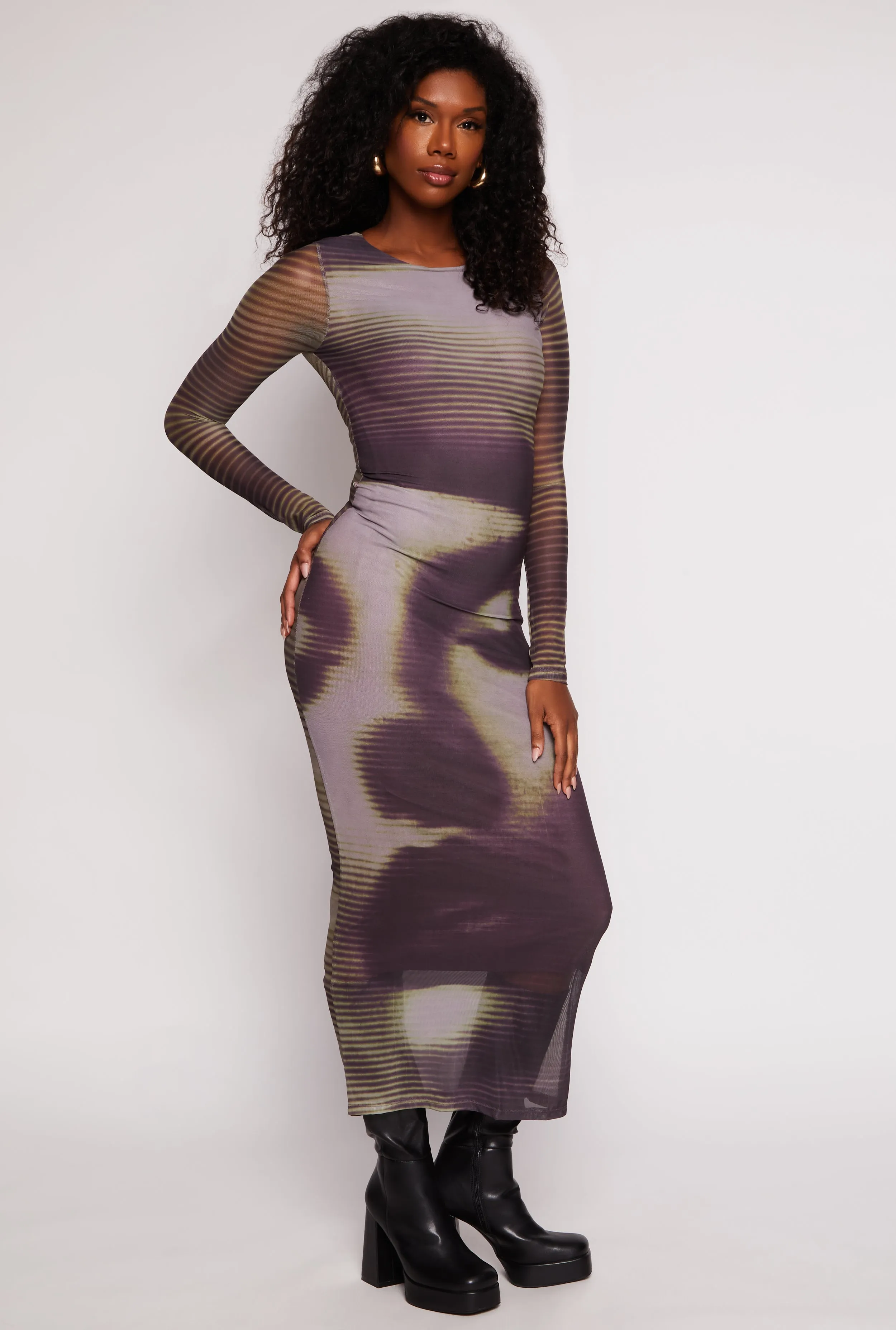 Almost Famous Mesh Striped Face Graphic Maxi Dress