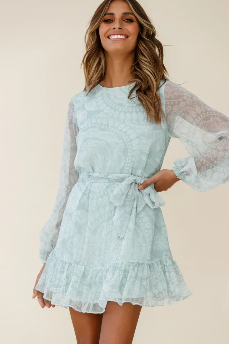 Always & Forever Long Balloon Sleeve Crew Neck Dress Paisley Print Mint