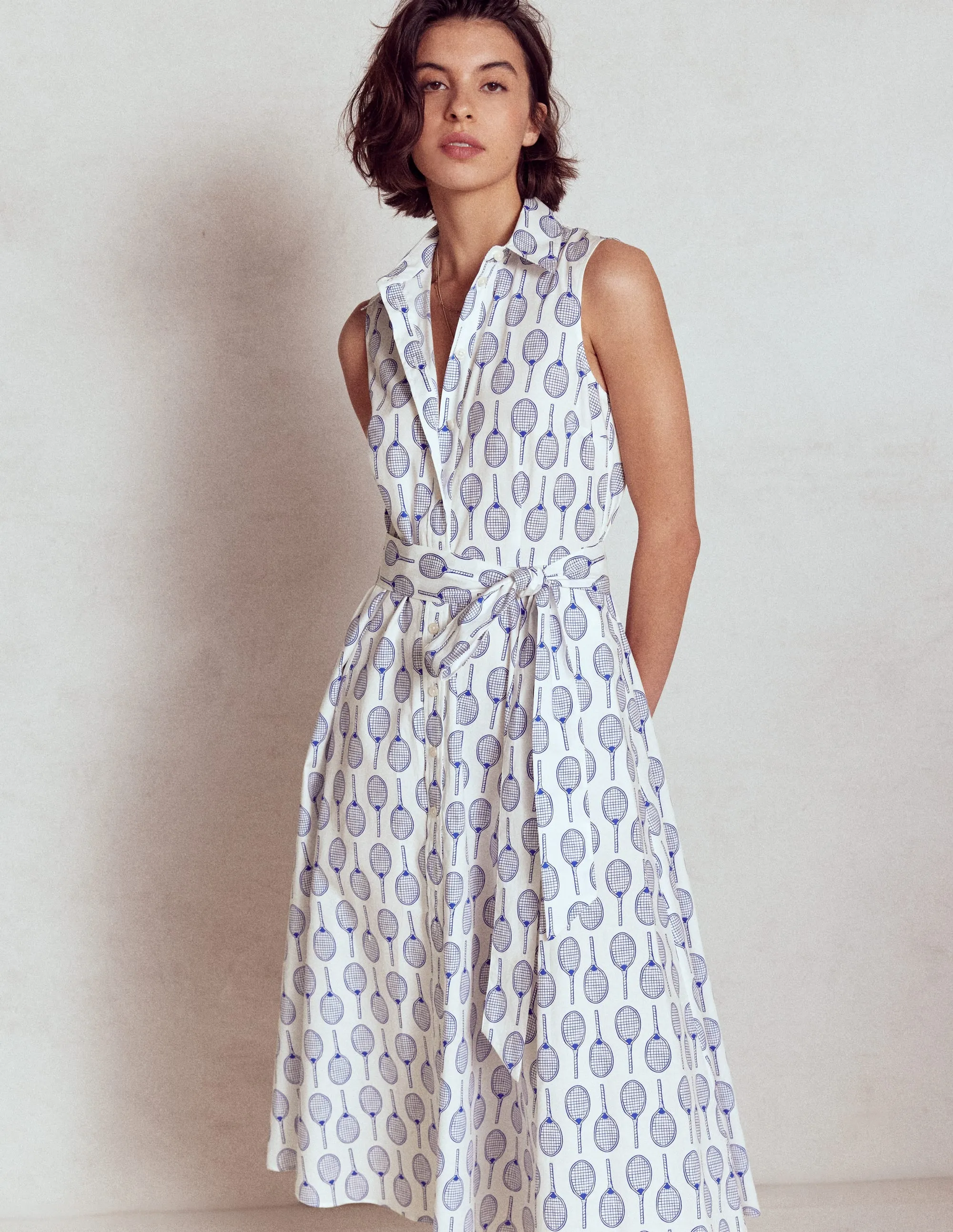 Amy Sleeveless Shirt Dress-Ivory. Tennis