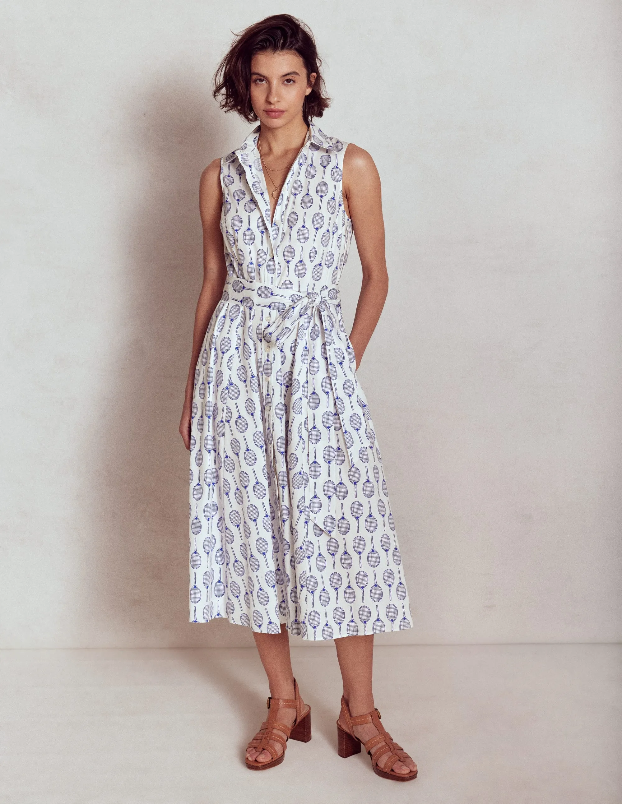 Amy Sleeveless Shirt Dress-Ivory. Tennis
