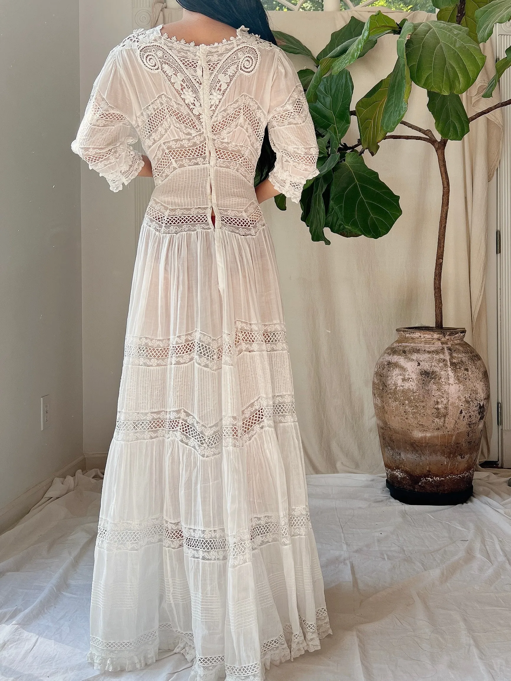 Antique Cotton Pintucked Dress - S