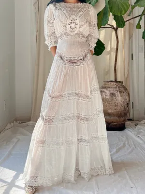 Antique Cotton Pintucked Dress - S