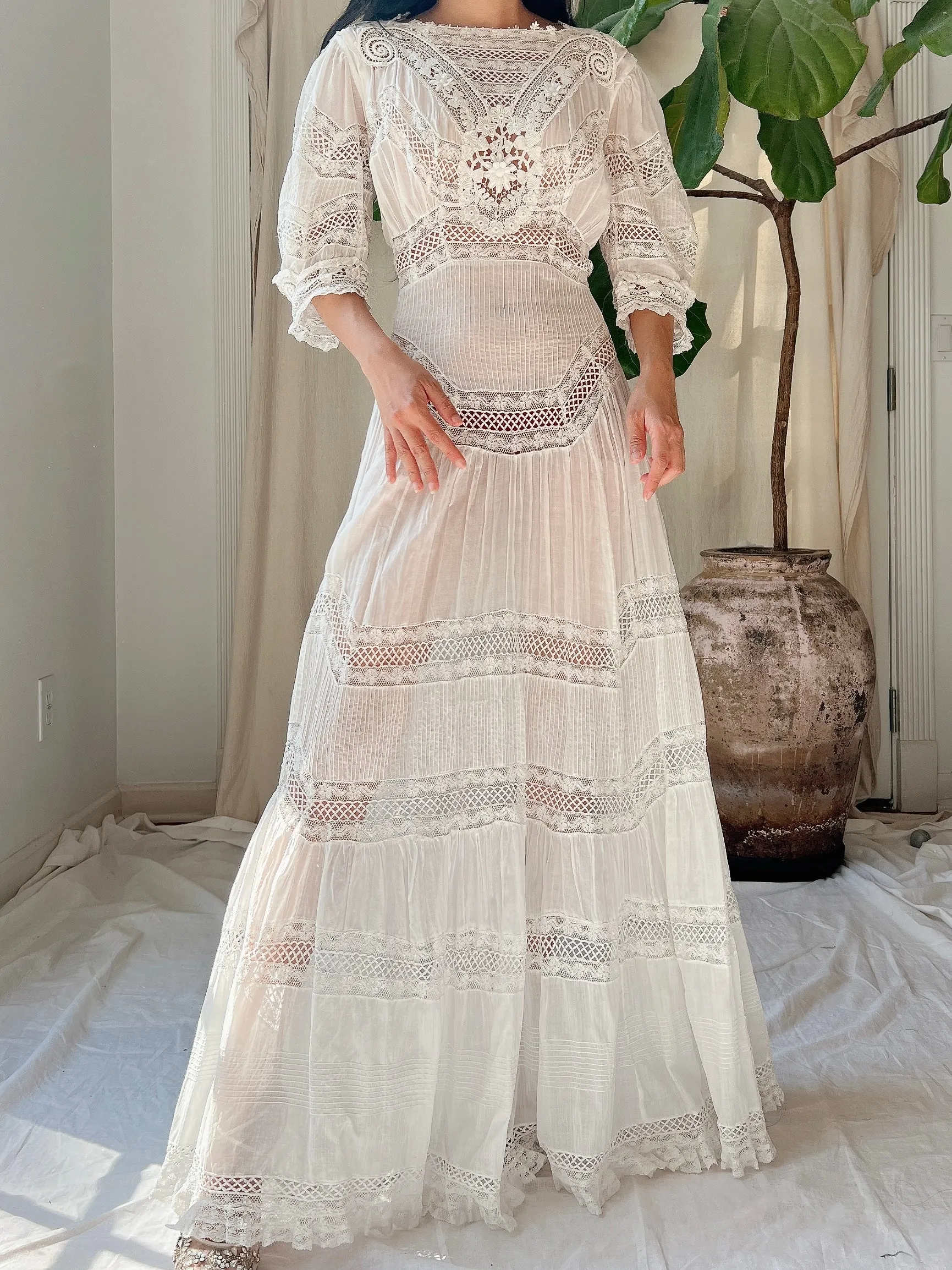 Antique Cotton Pintucked Dress - S
