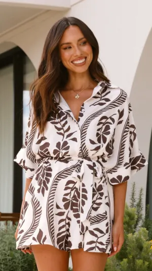 Aurelia Playsuit - Brown/White Print