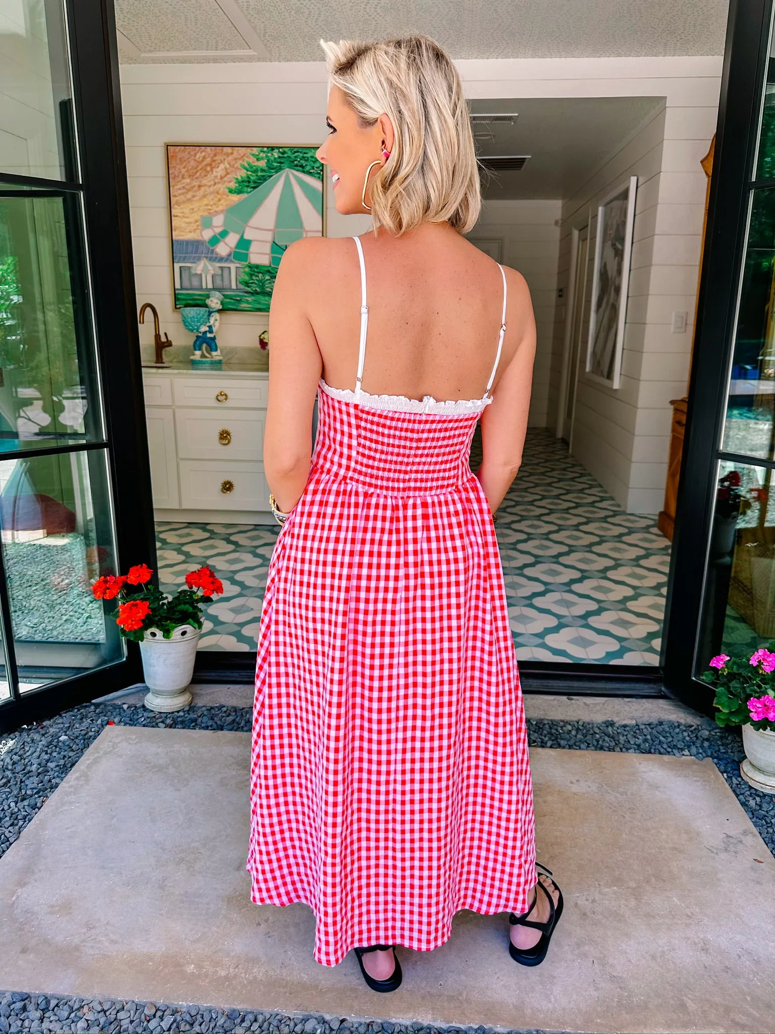 BACKYARD PARTY GINGHAM MIDI DRESS - RED