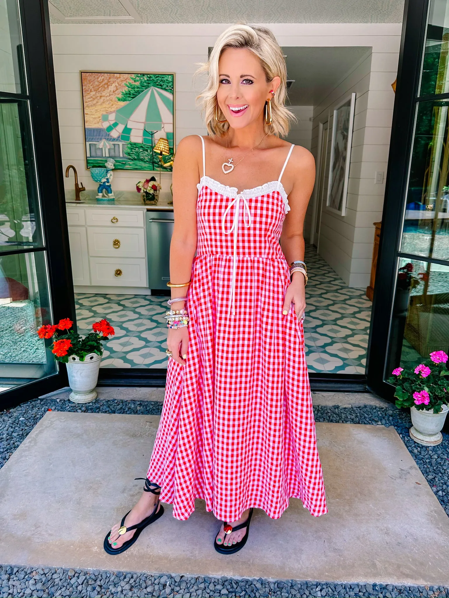 BACKYARD PARTY GINGHAM MIDI DRESS - RED