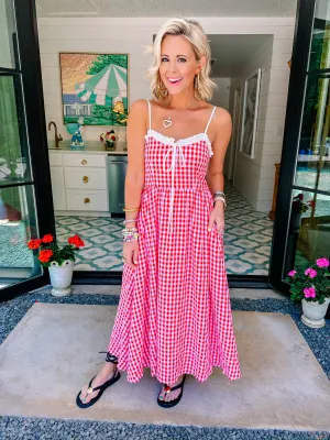 BACKYARD PARTY GINGHAM MIDI DRESS - RED