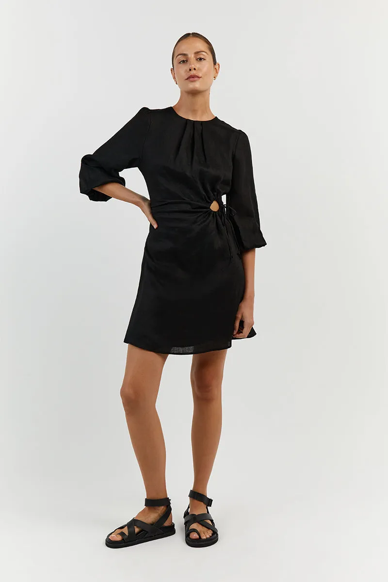 BEAU BLACK LINEN SLEEVED MINI DRESS