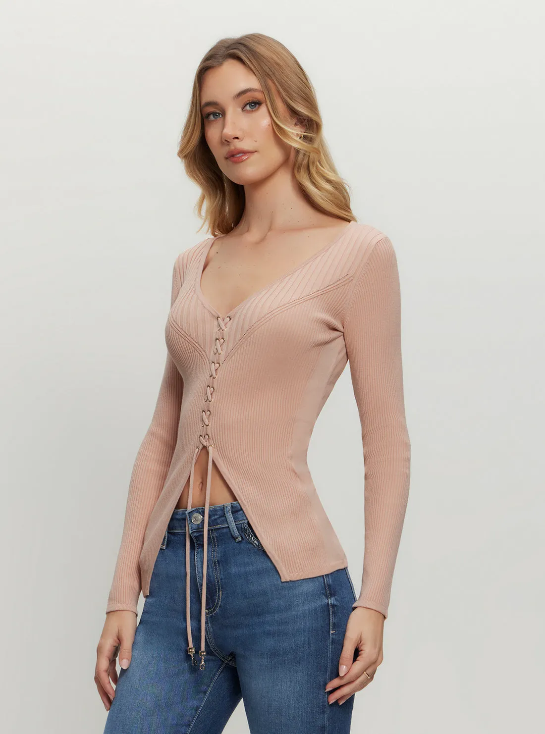 Beige Selene Lace Up Cardigan