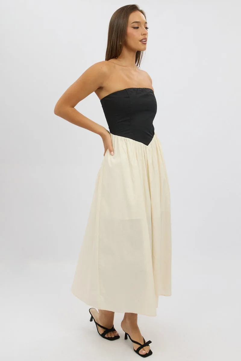 Beige Strapless Maxi Dress Colour Block
