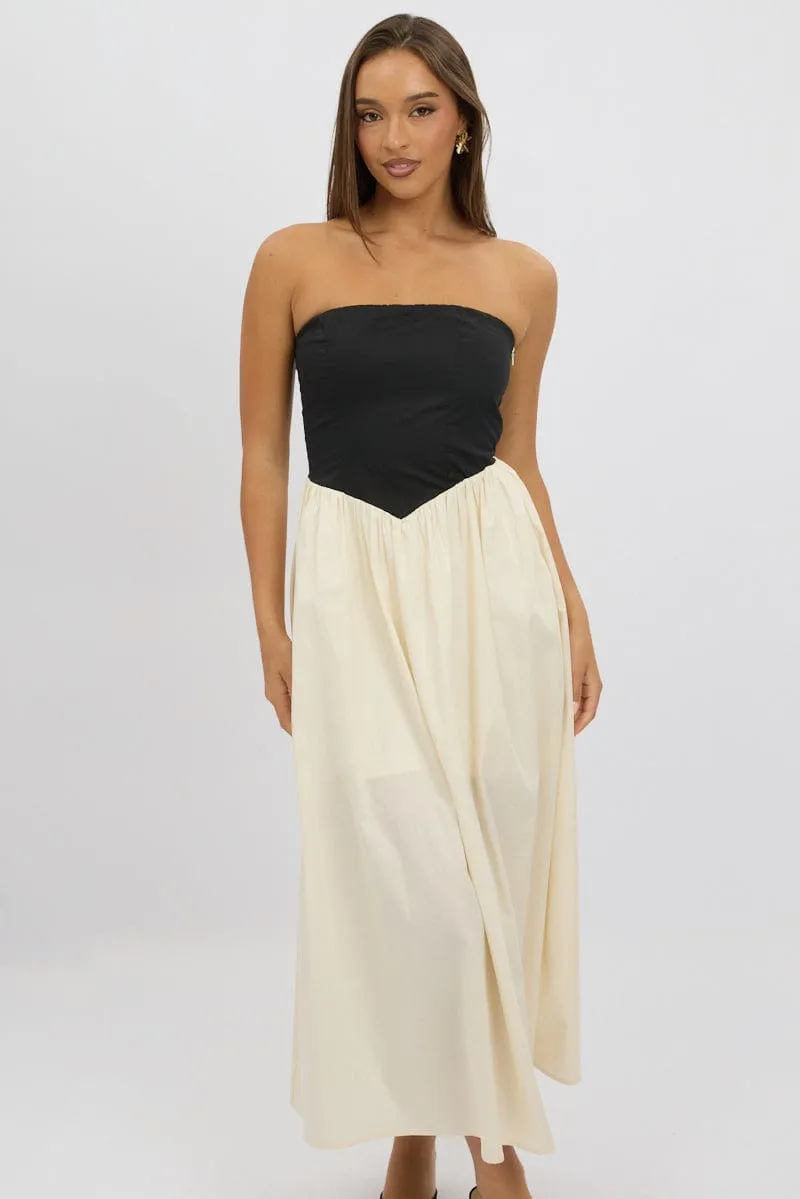 Beige Strapless Maxi Dress Colour Block