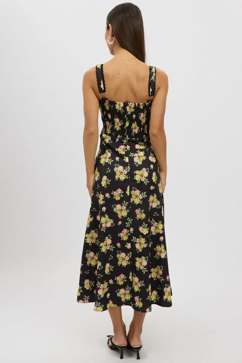 Black Floral Midi Dress Corset Detail