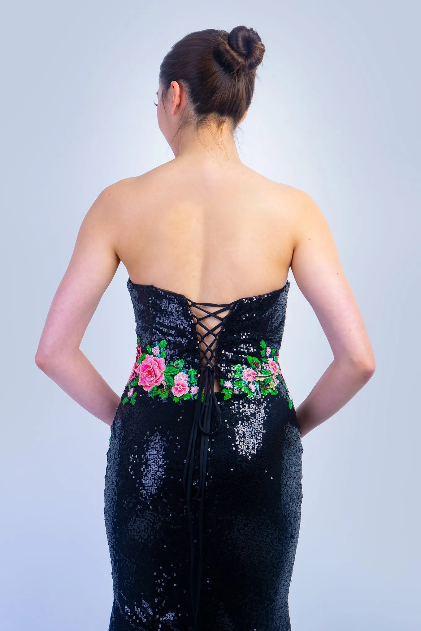 Black Floral Sequins Strapless Gown