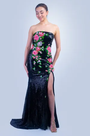 Black Floral Sequins Strapless Gown