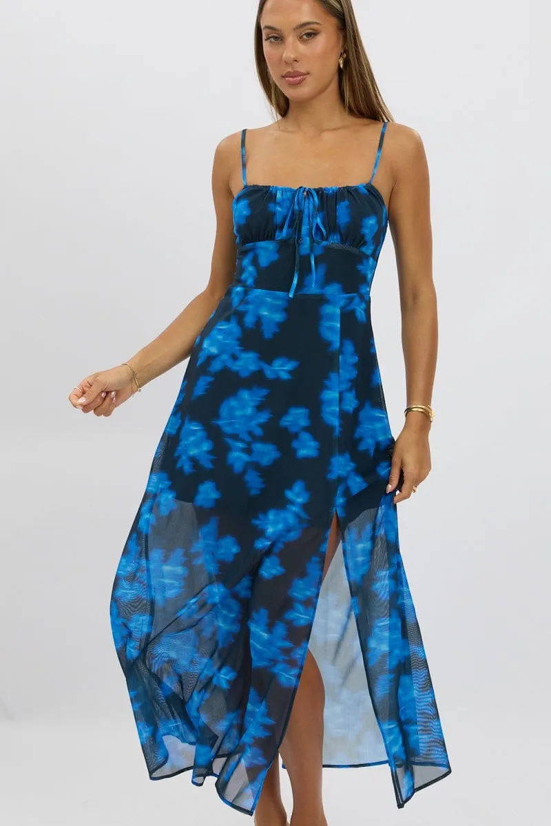 Blue Abstract Midi Dress Gathered Bust