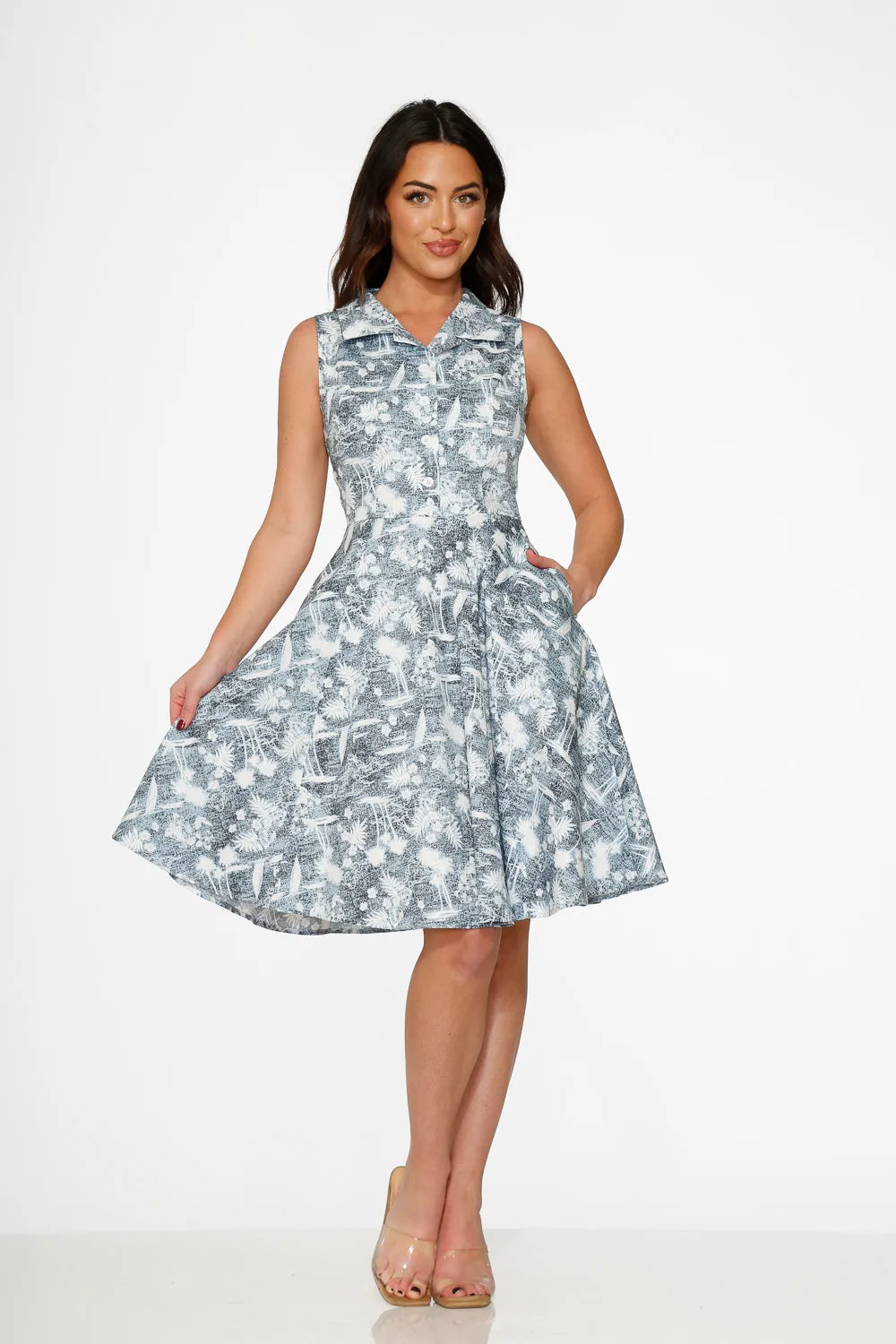 Blue Hawaiian Palm Tree Print Swing Dress