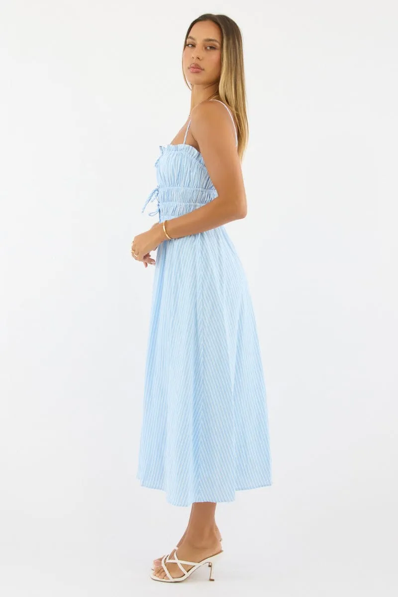 Blue Stripe Midi Dress Ribbon Detail Strappy
