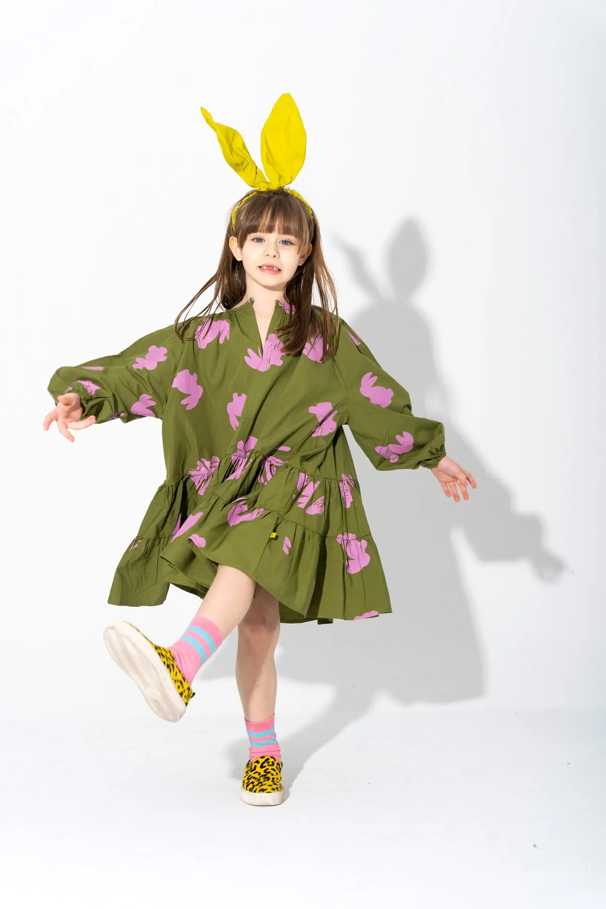 BUNNY PRINT GATHERED DRESS